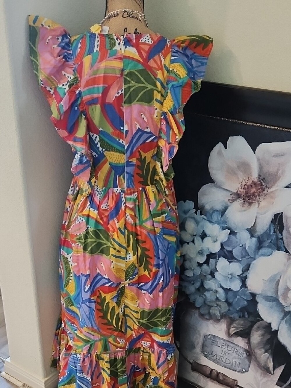 Sugarlips Multicolor Leaf Print Maxi Dress - Pink, Blue, Green, Yellow, Orange - Picture 4 of 7
